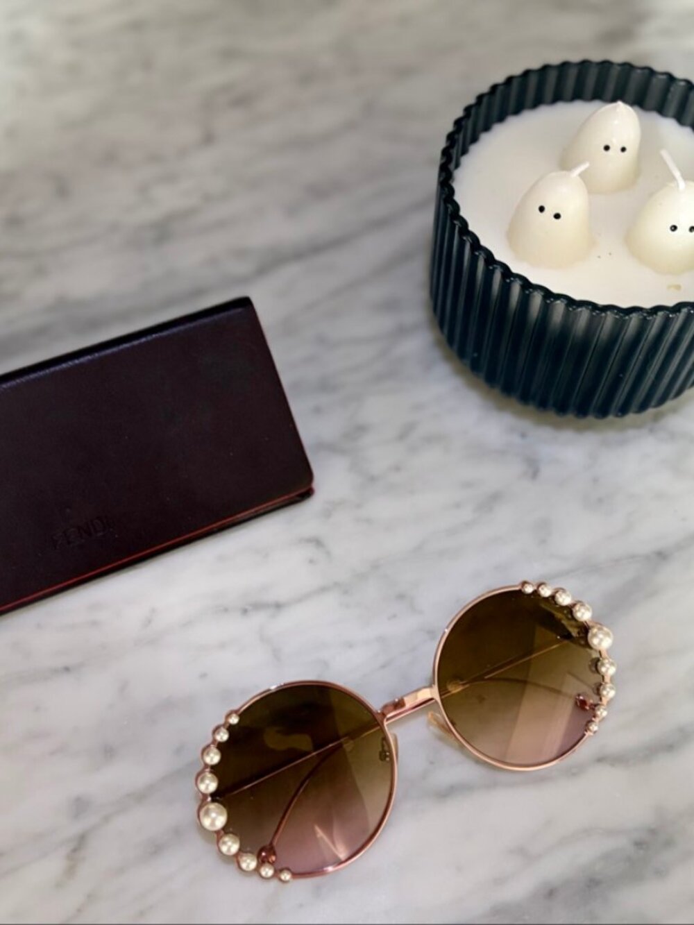 Fendi Ribbons and Pearls Oversized Round Sunglasses Rose Gold Pearl Gradient